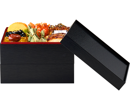 お重のサイズ　縦19.5×横19.5×高さ13.5cm（二段重）